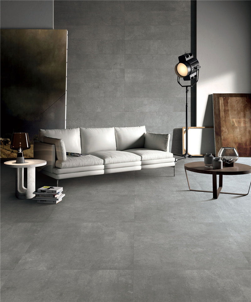 Concrete look porcelain slabs, porcelain tiles using in living room wall and floor