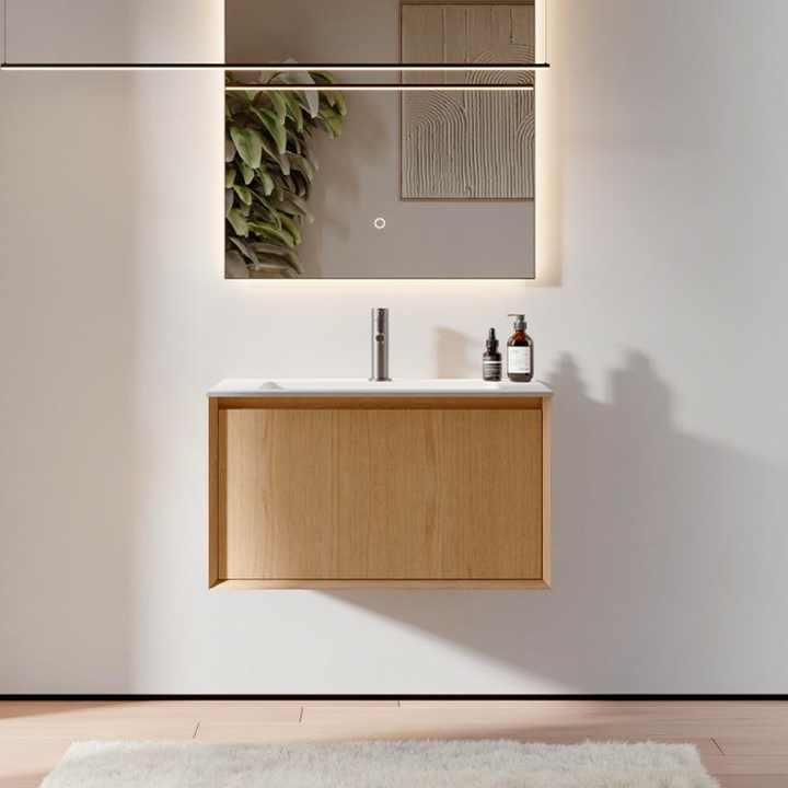 Natural Oak Veneered Bathroom Vanity with Matte White Resin Basin – 800mm - Fantaci interiors  Natural Oak Veneered Bathroom Vanity with Matte White Resin Basin – 800mm - Fantaci interiors