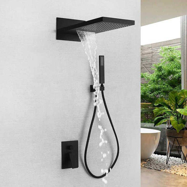 Matt Black Bathroom Overhead Wall Mounted Shower - Fantaci interiors  Matt Black Bathroom Overhead Wall Mounted Shower - Fantaci interiors