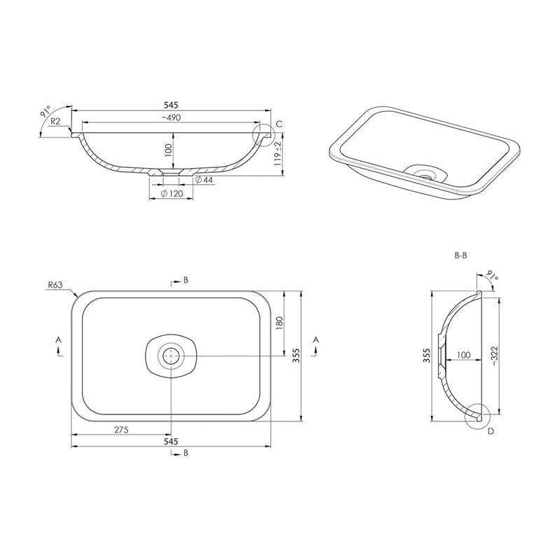 Rectangular Under Counter Basin, Solid Surface Acrylic (Matte White) - Fantaci interiors 