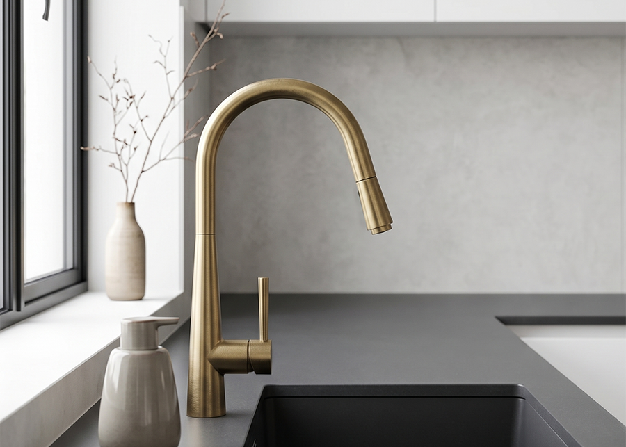 Brushed Brass Kitchen Faucet with Pull-Out Sprayer