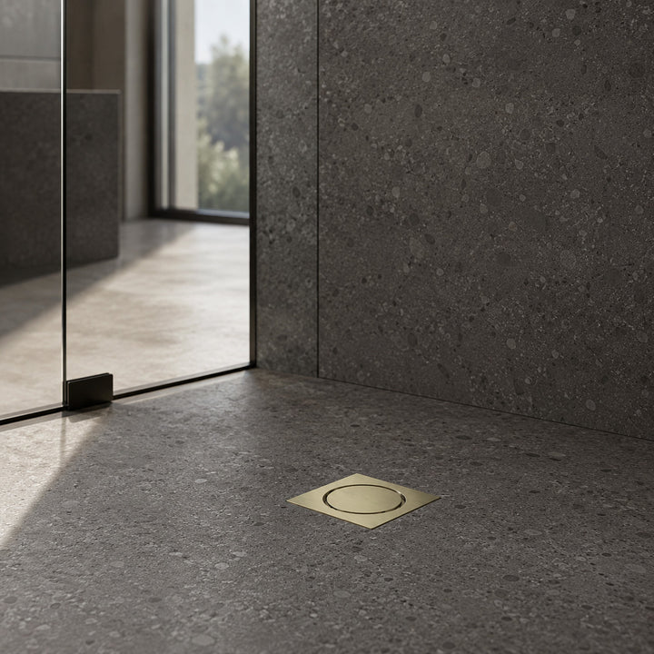 Zr Brushed Gold Square Shower Drain - 100mm x 100mm, 80mm Outlet
