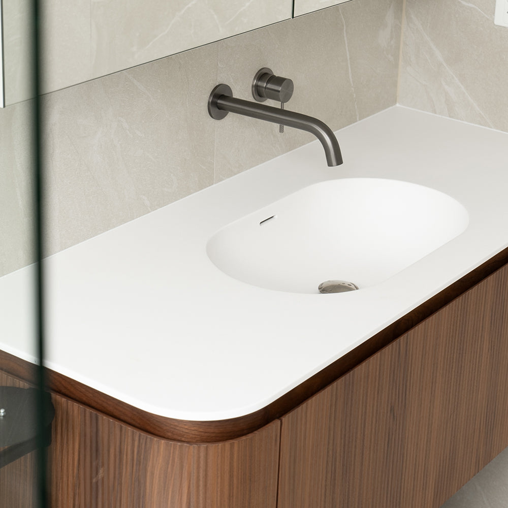 Artistic Natural Walnut VeneerVanity with Matte White Resin Stone Basin-1200mm