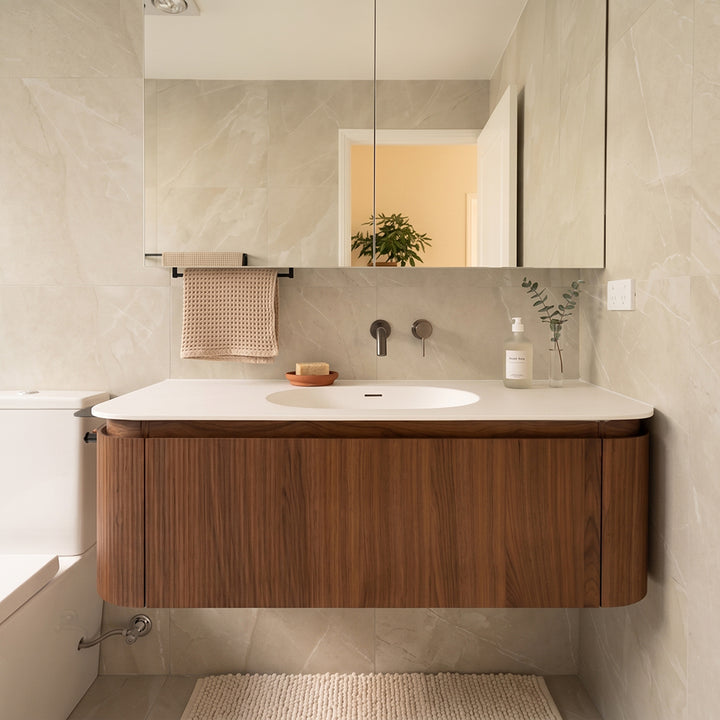 Artistic Natural Walnut VeneerVanity with Matte White Resin Stone Basin-1200mm