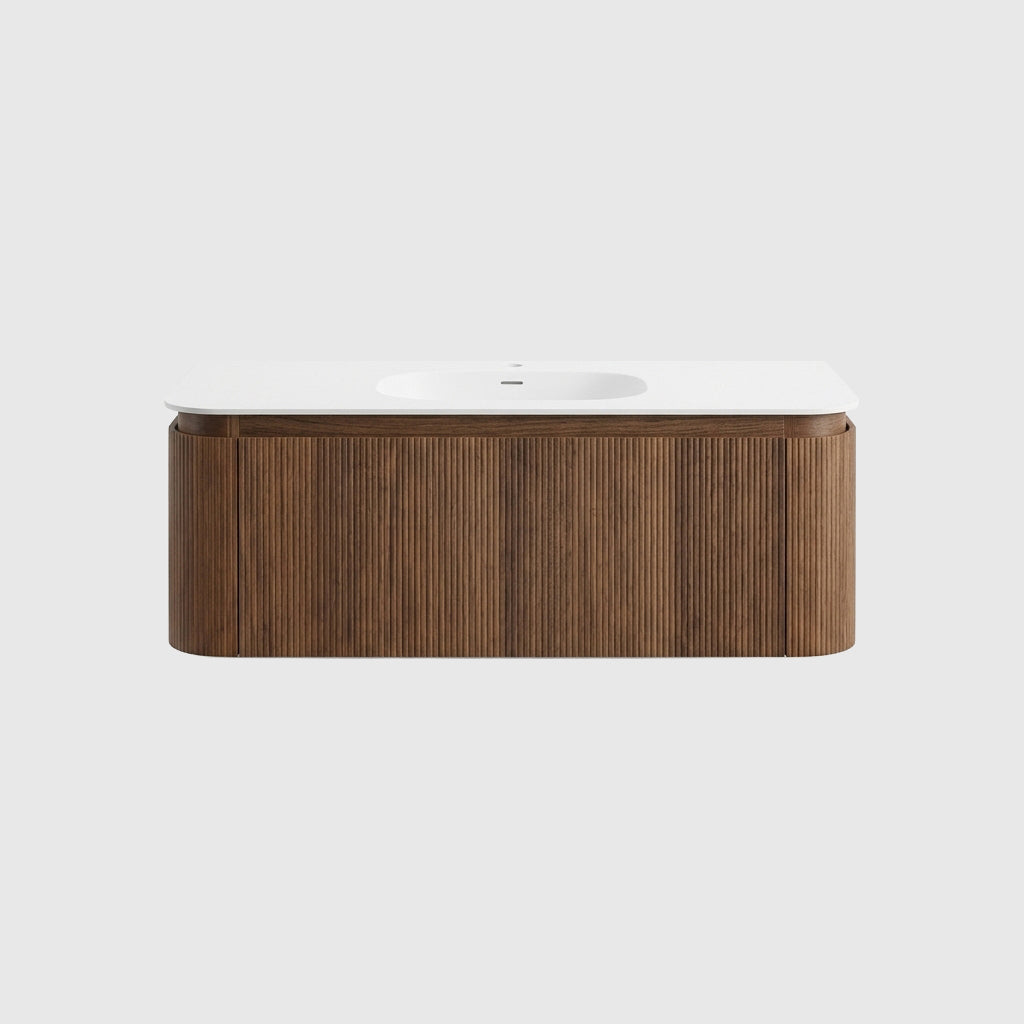 Artistic Natural Walnut VeneerVanity with Matte White Resin Stone Basin-1200mm