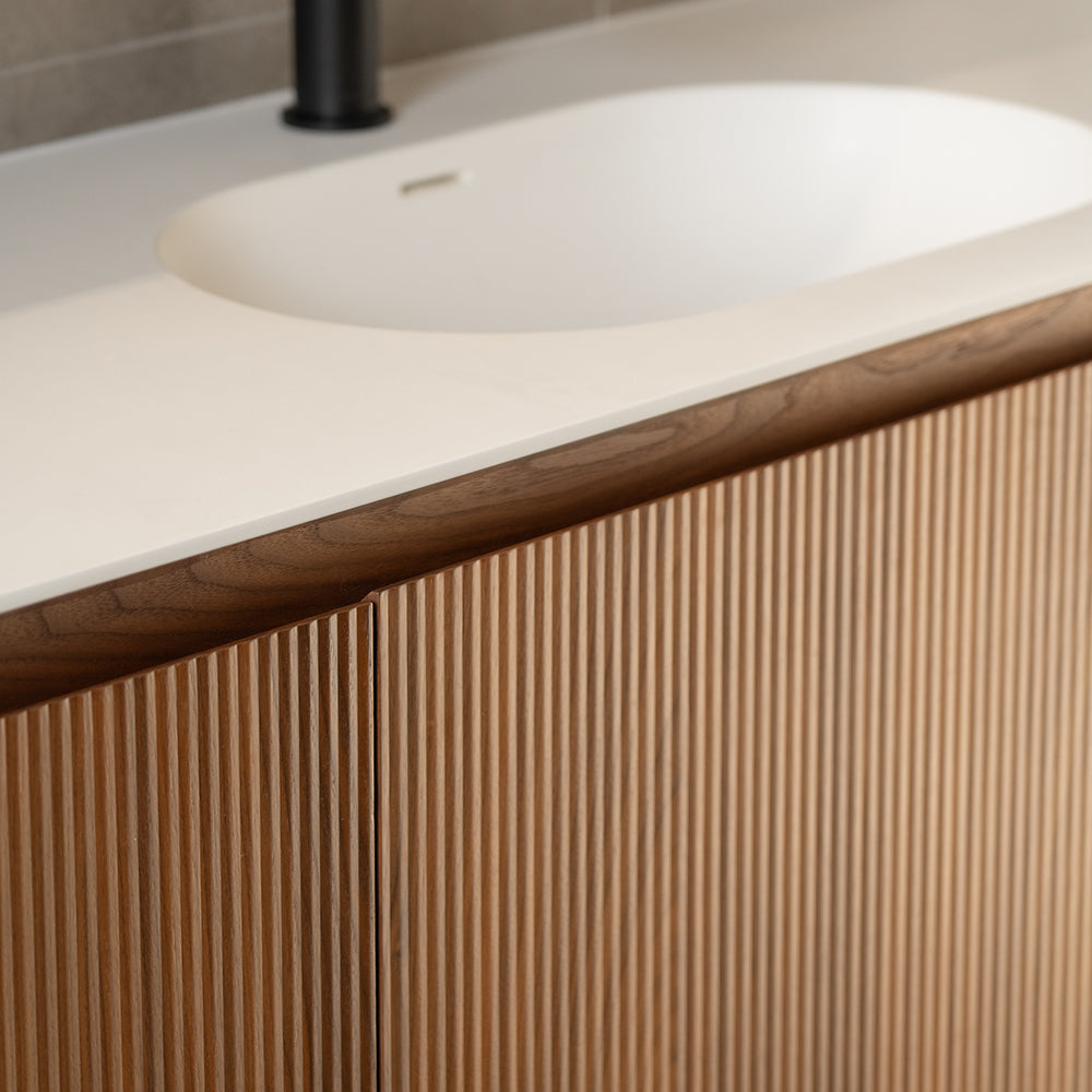 Artistic Natural Walnut  Veneer Vanity with Matte White Resin Stone Basin-1800mm