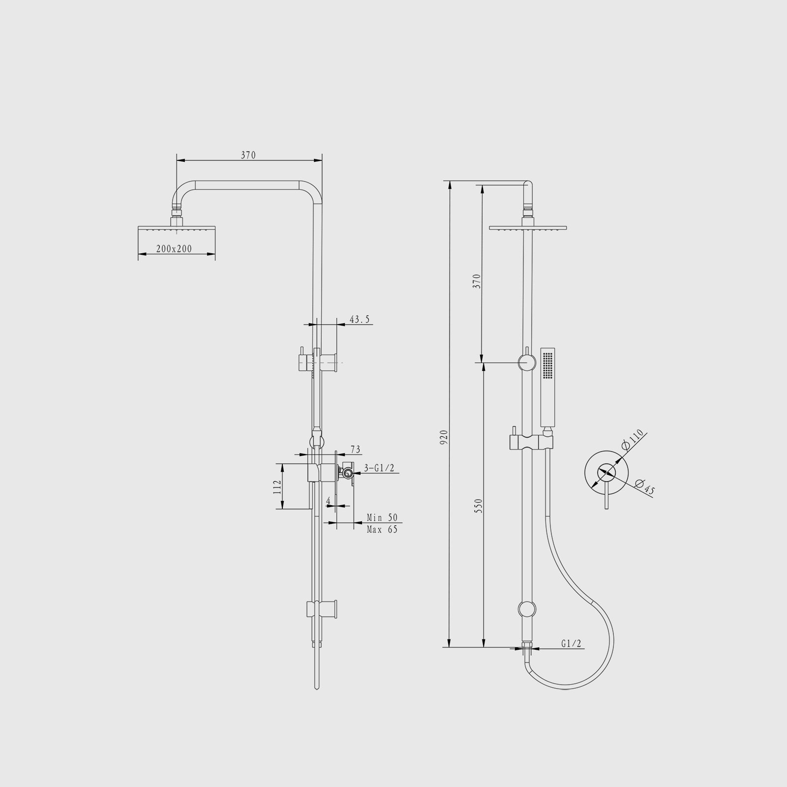 Gunmetal gray Twin Rail Shower Set -Round Shower Mixer