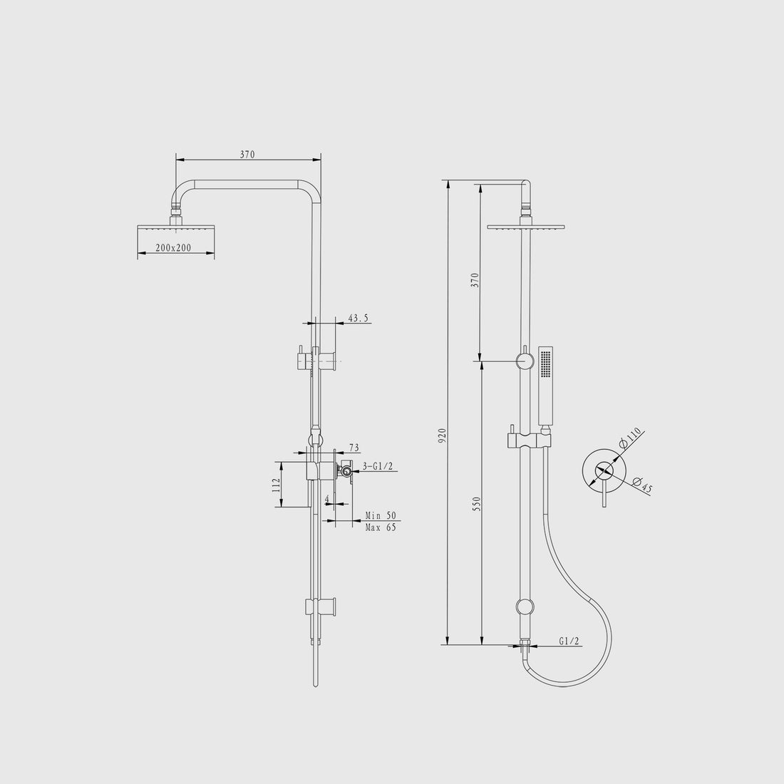 Gunmetal gray Twin Rail Shower Set -Round Shower Mixer