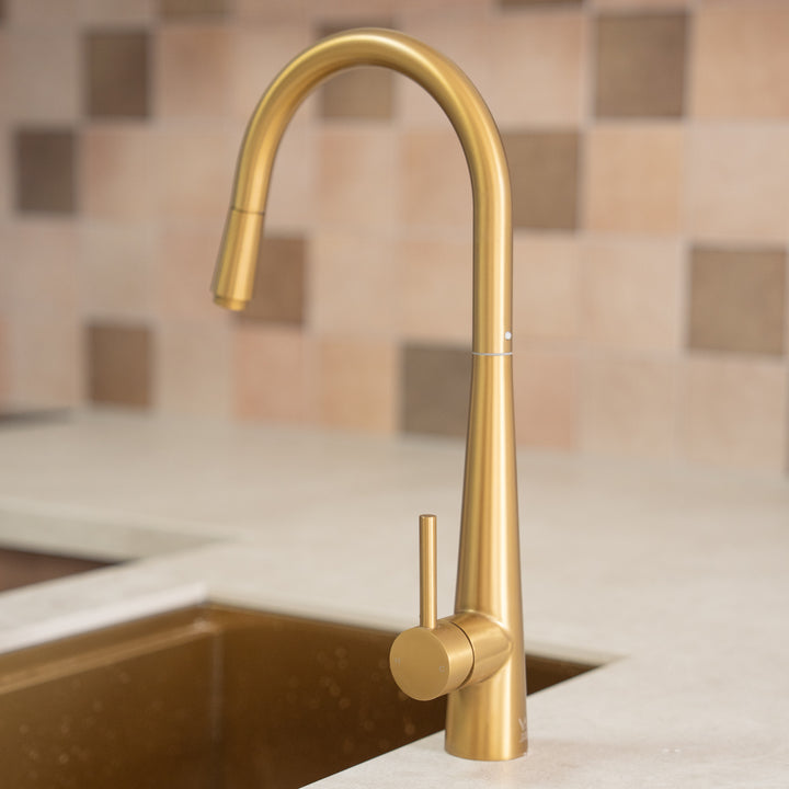 Brushed Brass Kitchen Faucet with Pull-Out Sprayer