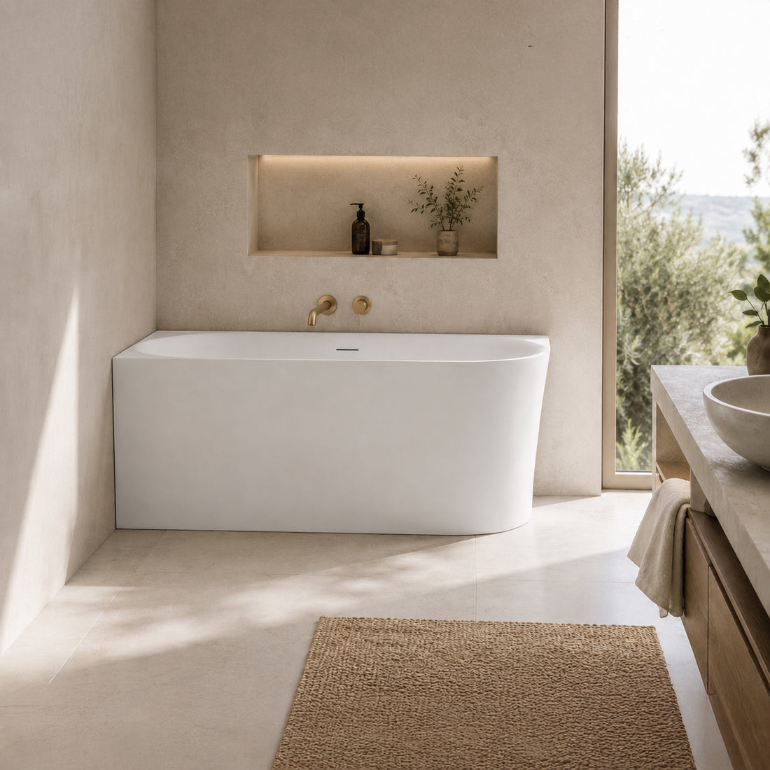 Left Corner Back to Wall Freestanding Bathtub Acrylic Matt White