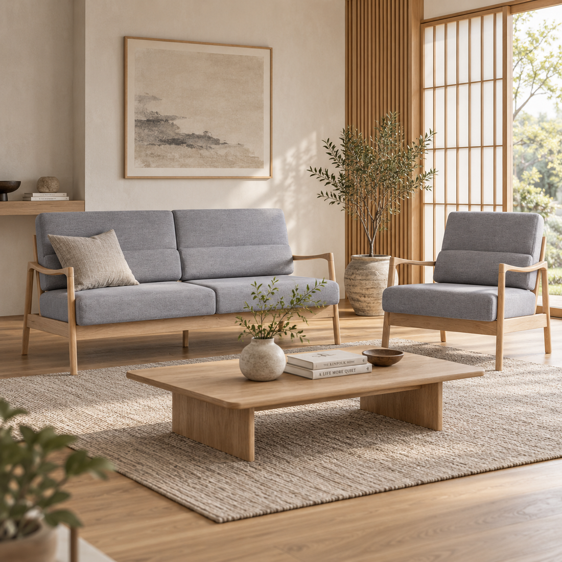 Nara 3 Seater Sofa – Solid Oak & Grey
