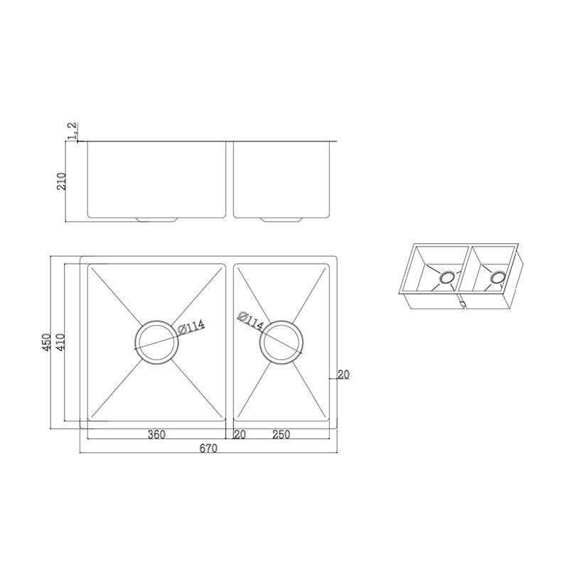 670mm Luxury Gunmetal Stainless Steel Double Bowl Sink – Anti-Fade – Undermount, 1.2mm Thick