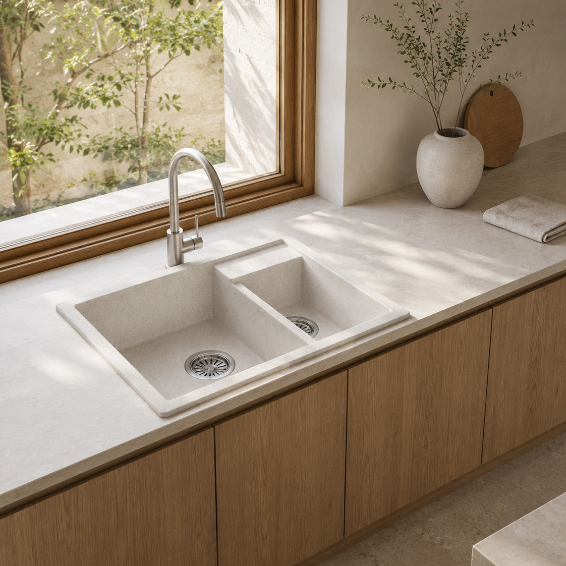 AIFI Granite Stone Kitchen Sink Double Bowls White