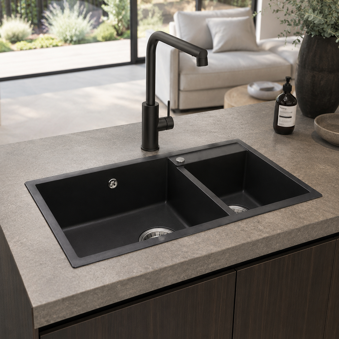 AIFI Granite Stone Kitchen Sink Double Bowls Metallic Black