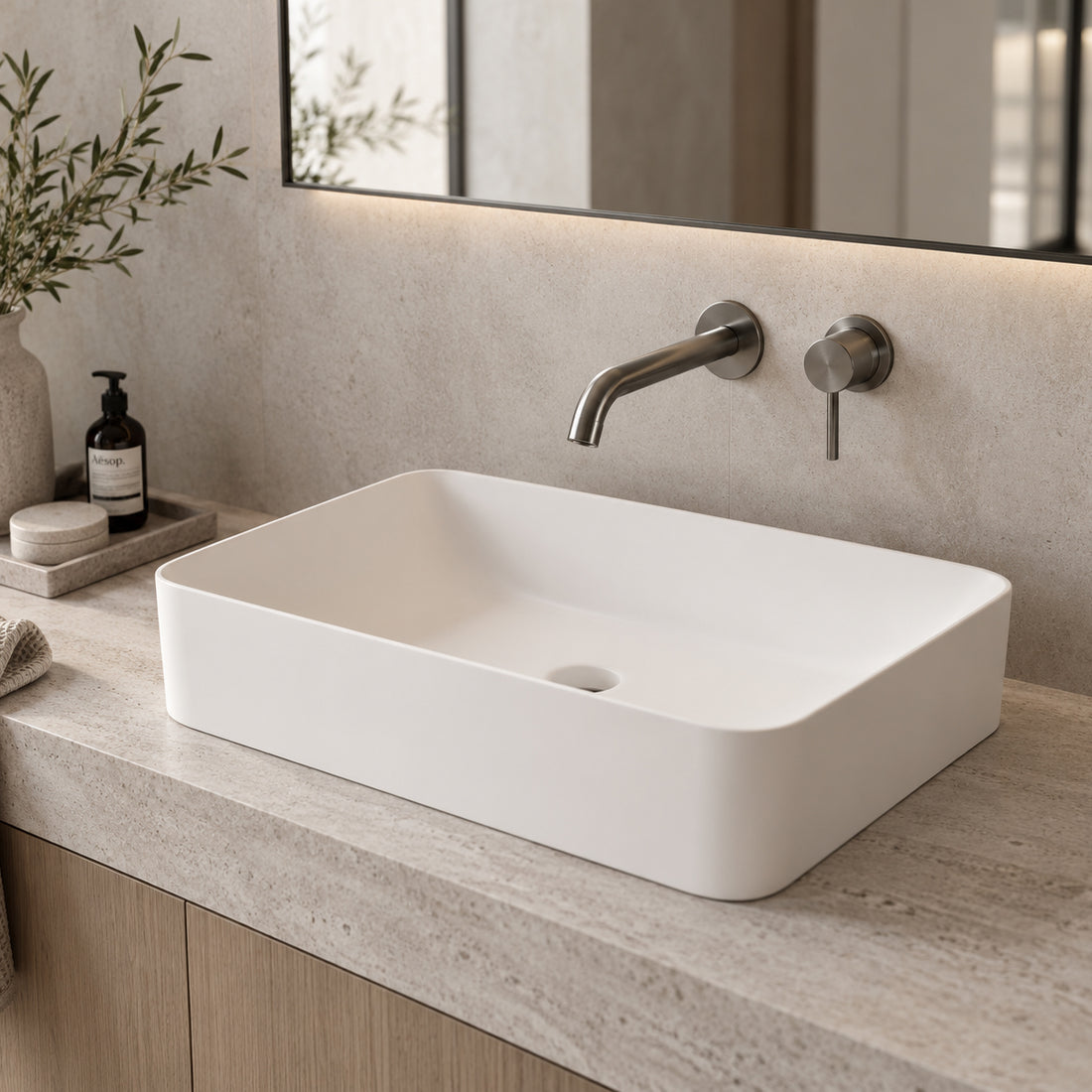 Rectangular Above Counter Basin 600mm  – Matt White